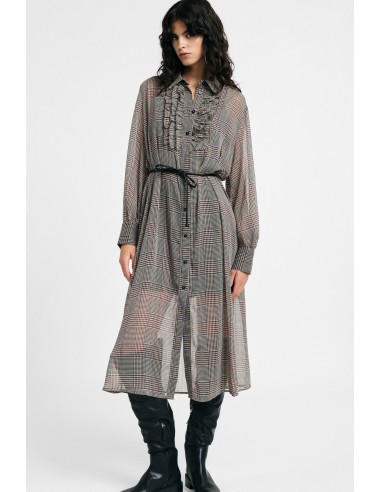 Vestido midi com estampado axadrezado, cinto e folhos Please