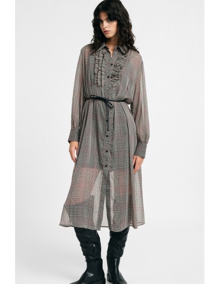 Vestido midi com estampado axadrezado, cinto e folhos Please