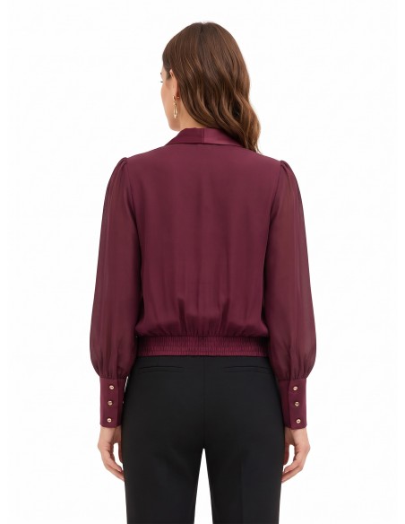 Blusa Balão em Georgette com Lapela e Maxi Punhos em Cetim Rinascimento