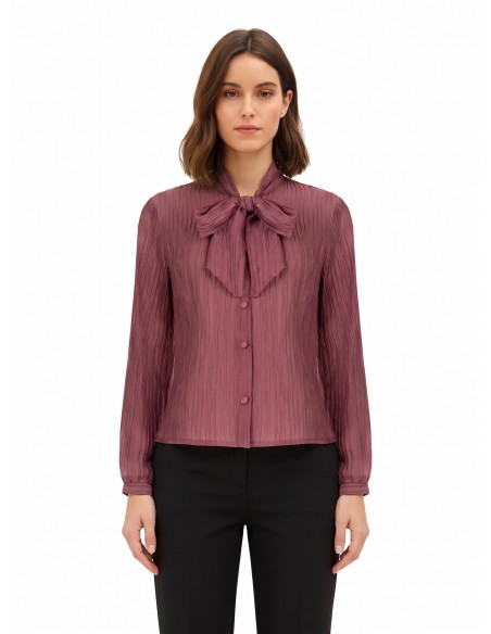 Camisa plissada em mistura de liocel com laço Rinascimento