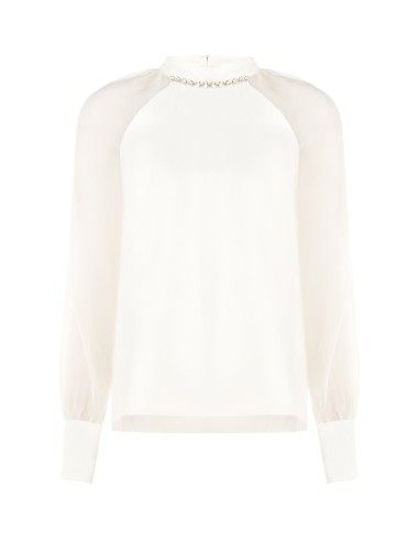 Blusa ampla de chiffon com cristais na gola redonda Rinascimento
