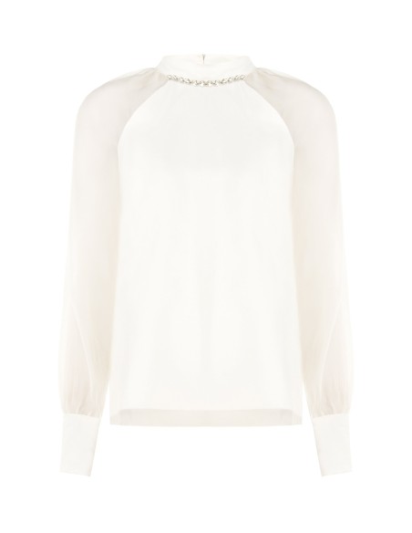Blusa ampla de chiffon com cristais na gola redonda Rinascimento