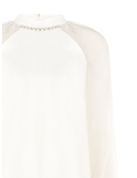 Blusa ampla de chiffon com cristais na gola redonda Rinascimento