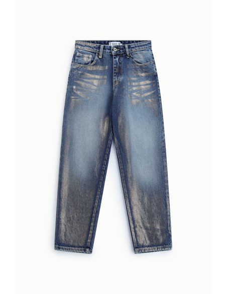 Jeans de corte direito com efeito lavado e cintura subida, por favor