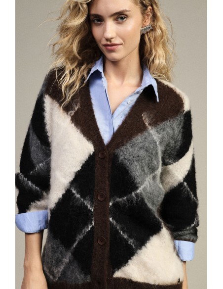 Cardigan com padrão de losangos, mangas compridas e botões Dixie