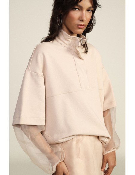 Sweatshirt Dixie com mangas balão transparentes e fecho-éclair