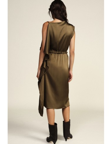 Vestido midi assimétrico com cinto e folhos Dixie