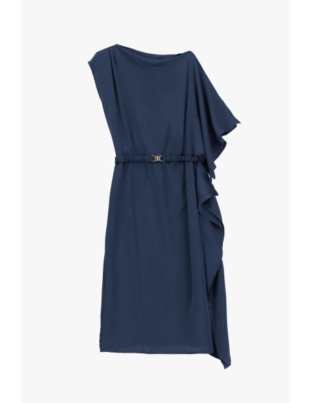 Vestido midi assimétrico com cinto e folhos Dixie