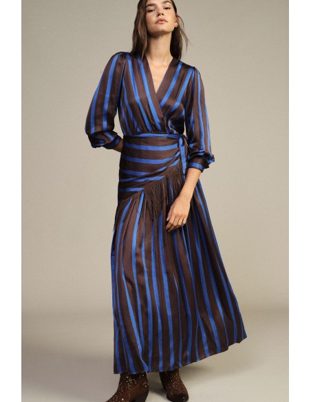 Vestido comprido às riscas com decote em V e franjas Dixie
