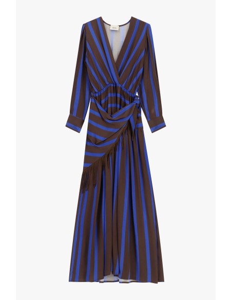 Vestido comprido às riscas com decote em V e franjas Dixie