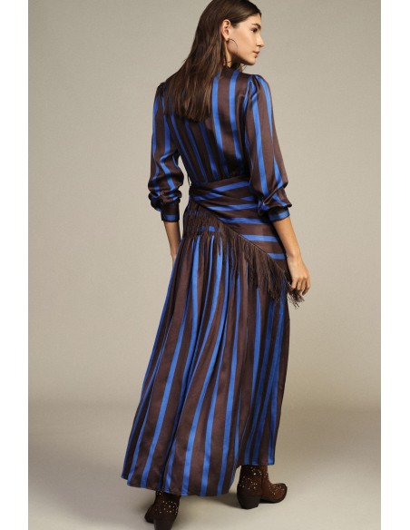 Vestido Comprido às Riscas com Decote em V e Franjas Dixie