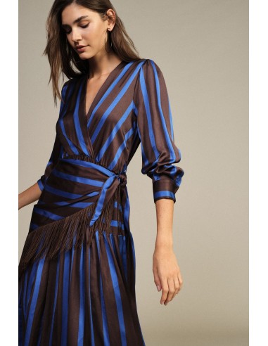 Vestido Comprido às Riscas com Decote em V e Franjas Dixie