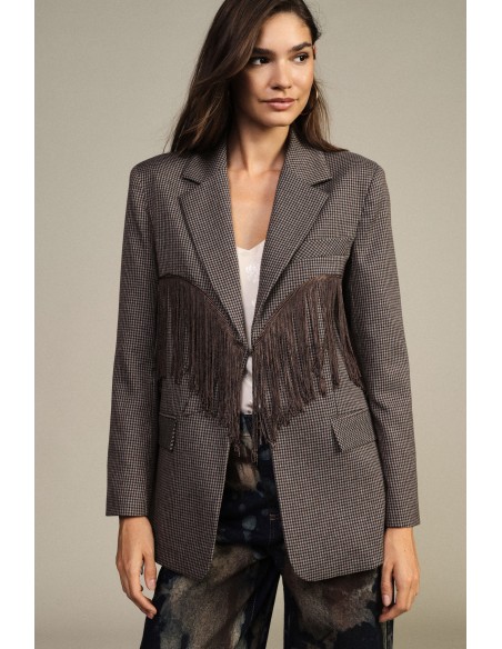 Blazer aos quadrados com franjas decorativas e bolsos Dixie