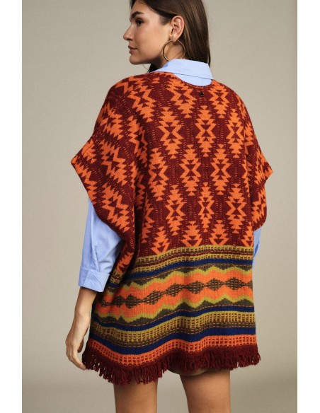 Poncho fantasia geométrica com franjas Dixie