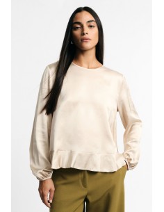 Blusa de gola redonda com folhos e mangas compridas, por favor