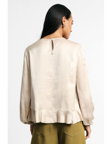 Blusa de gola redonda com folhos e mangas compridas, por favor