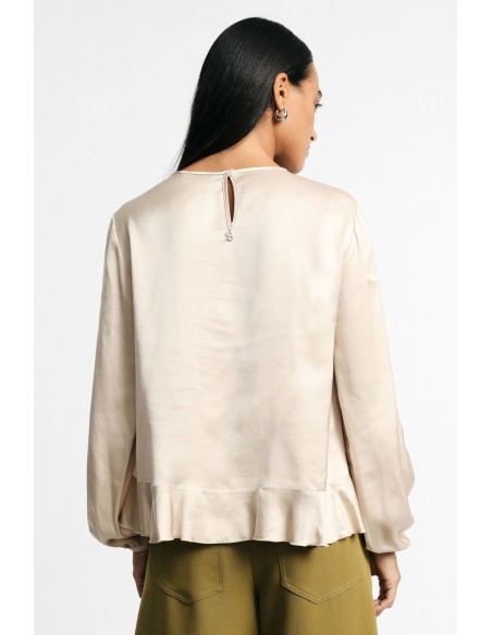 Blusa de gola redonda com folhos e mangas compridas, por favor