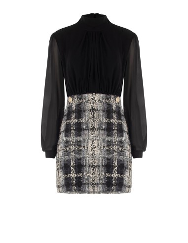 Vestido curto com efeito de duas peças, com top em georgette e saia em tweed bouclé com lurex Rinascimento