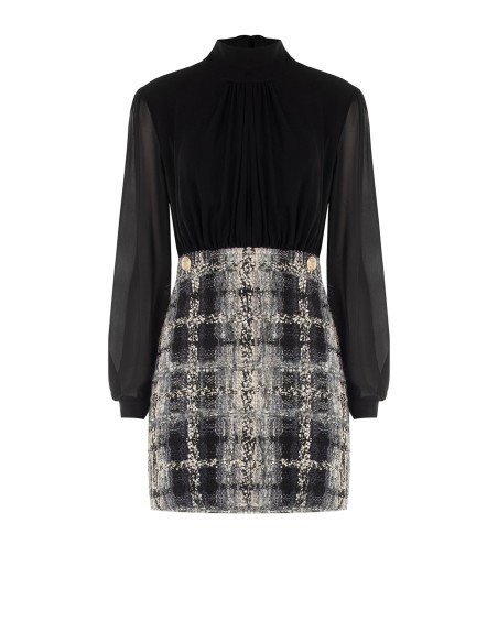Vestido curto com efeito de duas peças, com top em georgette e saia em tweed bouclé com lurex Rinascimento