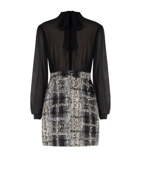 Vestido curto com efeito de duas peças, com top em georgette e saia em tweed bouclé com lurex Rinascimento