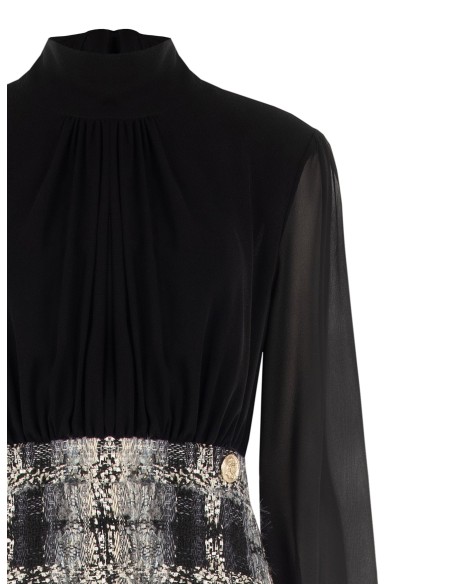 Vestido curto de efeito 2 peças com top em georgette e saia em tweed bouclé com lurex Rinascimento