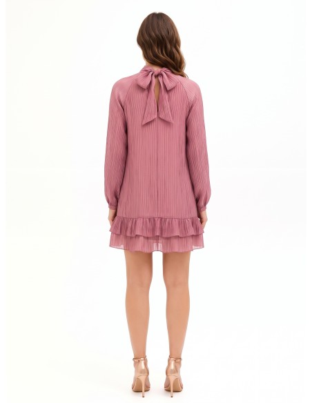 Vestido Curto Amplo Plissado em Lyocell com Laço Atrás Rinascimento