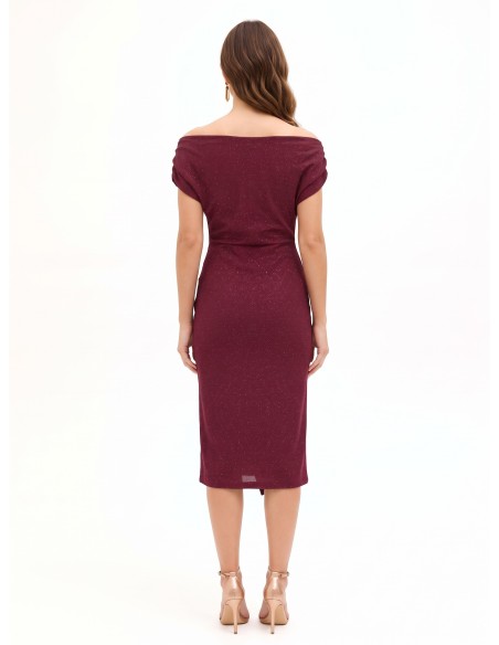 Vestido justo em lurex com efeito glitter e drapeados Rinascimento