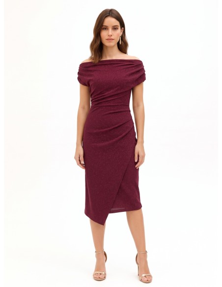 Vestido justo em lurex com efeito glitter e drapeados Rinascimento