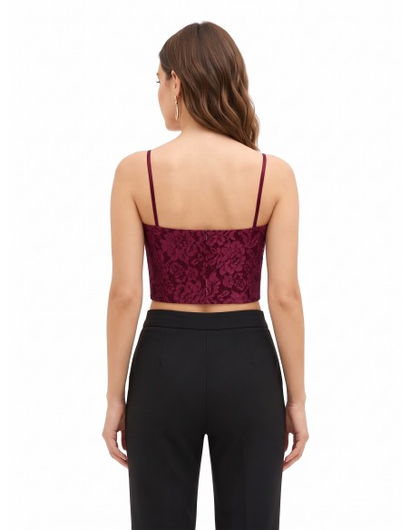 Top curto tipo bustier em tecido técnico revestido de renda Rinascimento