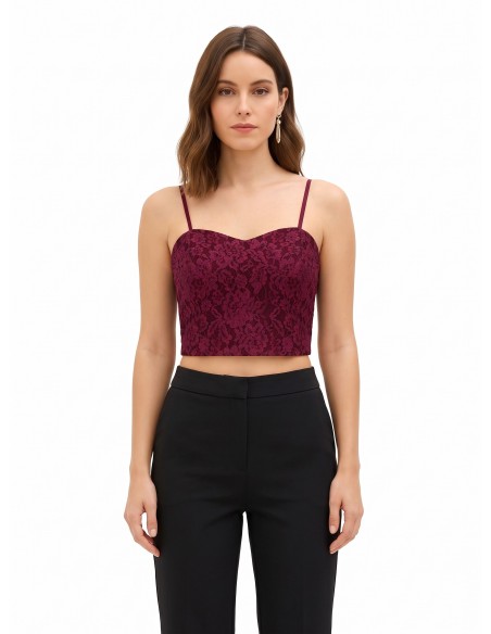 Crop top cai-cai em tecido técnico revestido de renda Rinascimento