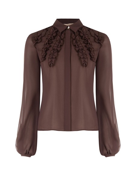 Camisa cintada em georgette com folhos e botões ocultos Rinascimento