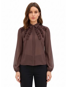 Camisa cintada em georgette com folhos e botões ocultos Rinascimento