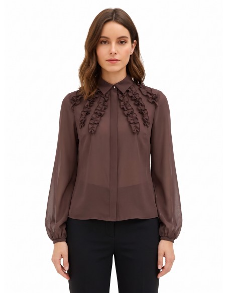 Camisa cintada em georgette com folhos e botões ocultos Rinascimento