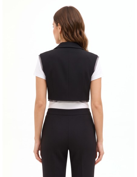 Colete oversized e cropped em crepe scuba com orlas em tule Rinascimento