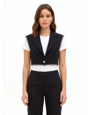 Colete oversized e cropped em crepe scuba com orlas em tule Rinascimento