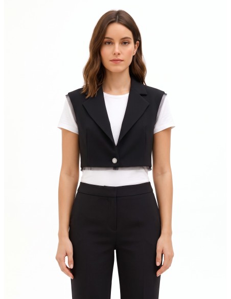 Colete oversized e cropped em crepe scuba com orlas em tule Rinascimento