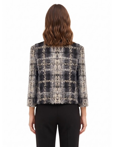 Casaco curto em tweed bouclé com lurex e ombreiras Rinascimento