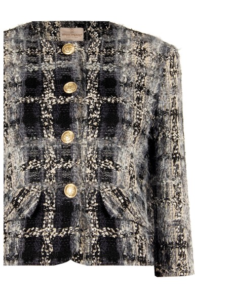 Casaco curto em tweed bouclé com lurex e ombreiras Rinascimento