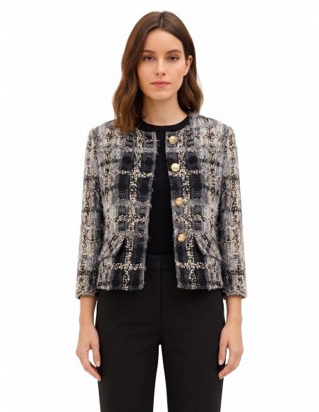 Casaco curto de tweed bouclé com lurex e ombreiras Rinascimento