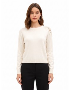Camisola fina em mistura de viscose e lã com aplicação de croché no ombro Rinascimento