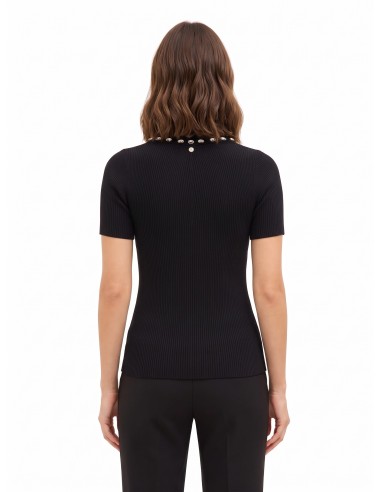 Camisola polo canelada em mistura de viscose com cristais cabochão Rinascimento