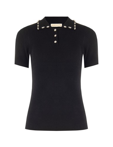 Camisola polo canelada em mistura de viscose com cristais cabochão Rinascimento