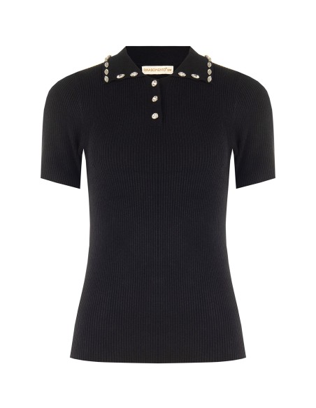 Camisola polo canelada em mistura de viscose com cristais cabochão Rinascimento