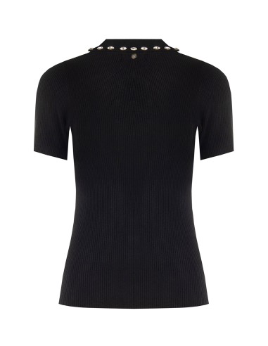 Camisola polo canelada em mistura de viscose com cristais cabochão Rinascimento