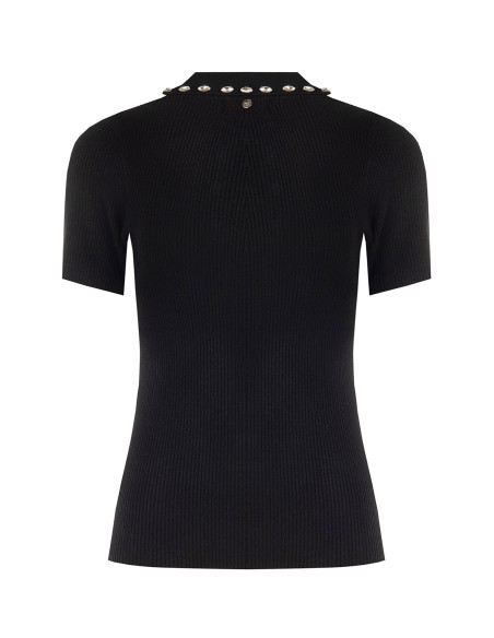 Camisola polo canelada em mistura de viscose com cristais cabochão Rinascimento