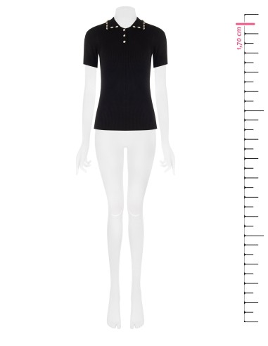 Camisola de gola polo canelada em mistura de viscose com cristais cabochon Rinascimento