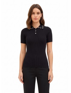 Polo de malha canelada em mistura de viscose com cristais cabochão Rinascimento