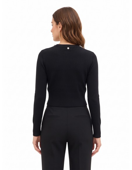 Camisola cropped em mistura de viscose com cristais cabochão na gola redonda Rinascimento
