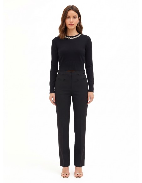 Camisola cropped em mistura de viscose com cristais cabochão na gola redonda Rinascimento