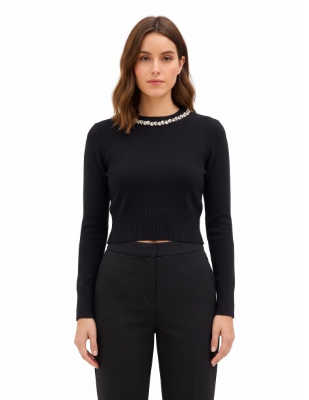 Camisola cropped em mistura de viscose com cristais cabochão na gola redonda Rinascimento